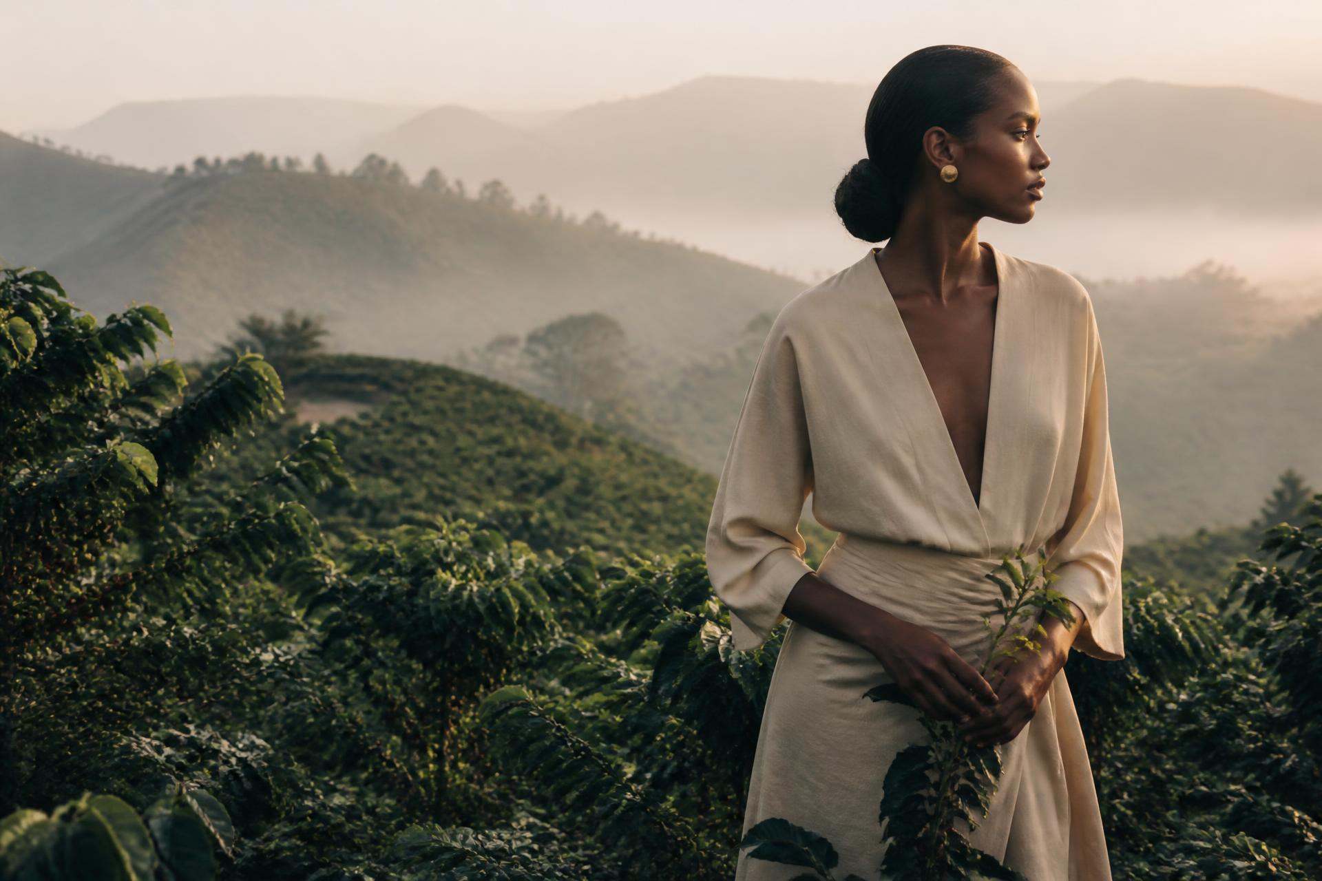 Ethiopian highland coffee plantation in morning light